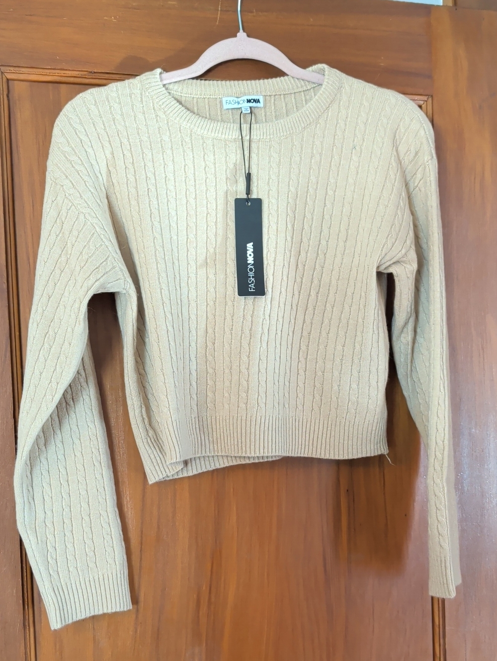 Fashion Nova Beige Cable-Knit Crewneck Sweater